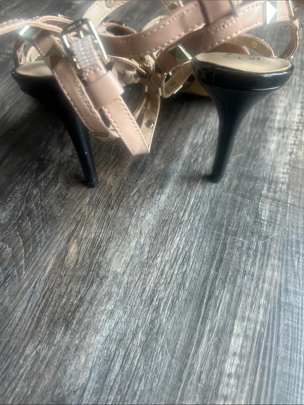 Mix No. 6 Black Patent Pointed-Toe Heels with Nude Studded Straps